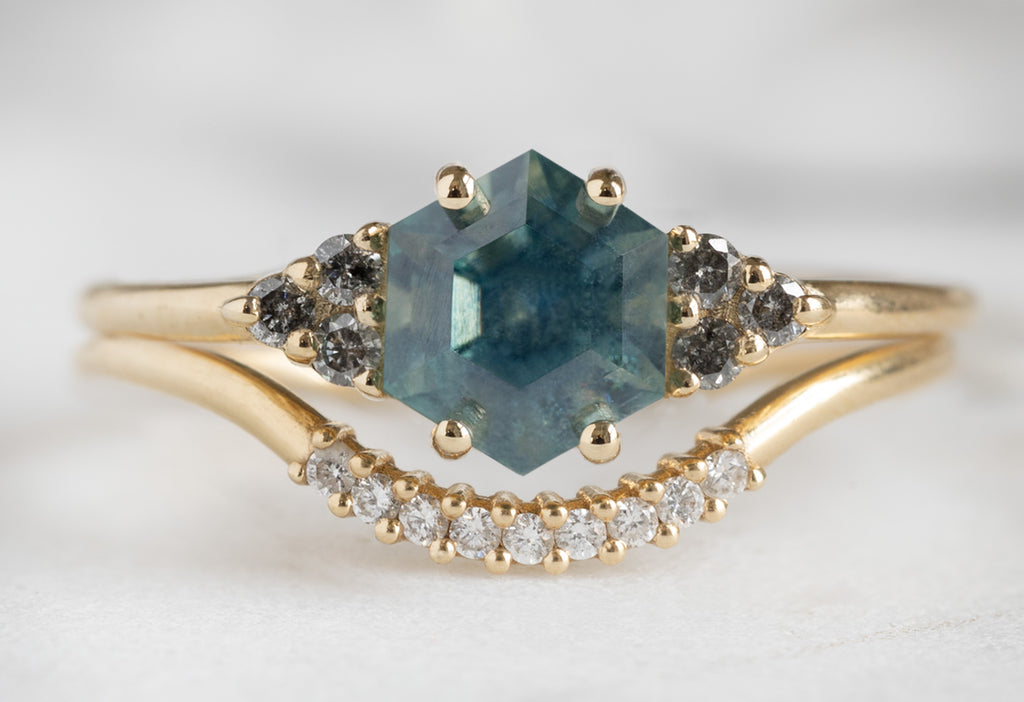 The Ivy Ring with a Montana Sapphire Hexagon with White Diamond Stacking Band