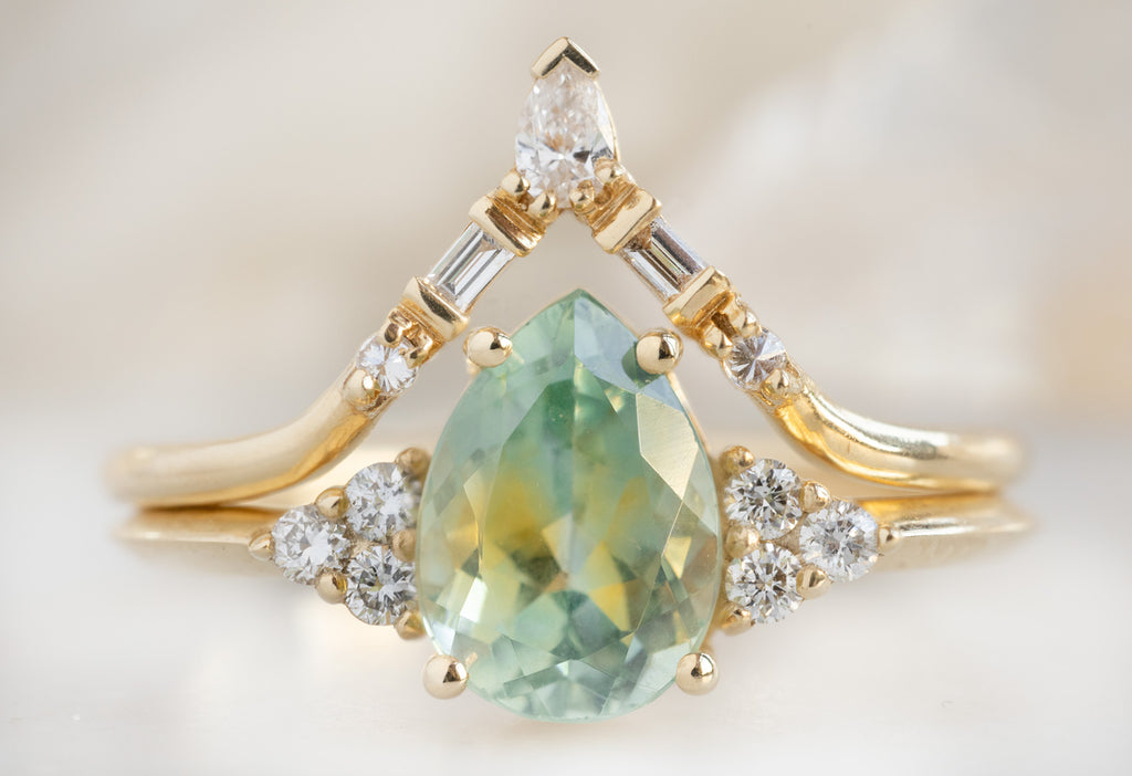 The Ivy Ring with a Pear-Cut Bicolor Sapphire with White Diamond Tiara Stacking Band