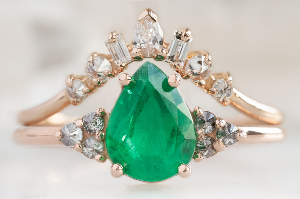 The Ivy Ring with a Pear-Cut Emerald with Diamond Stacking Band