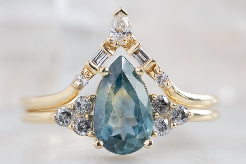 The Ivy Ring with a Pear-Cut Montana Sapphire with White Diamond Stacking Band
