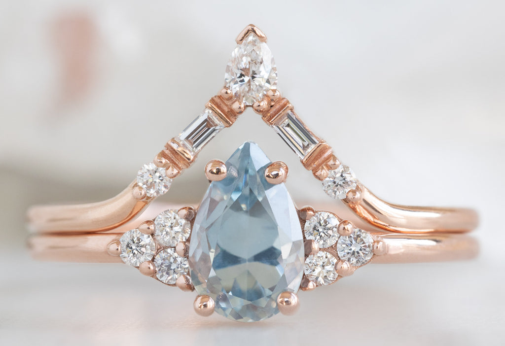 The Ivy Ring with a Pear-Cut Sapphire with White Diamond Tiara Stacking Band