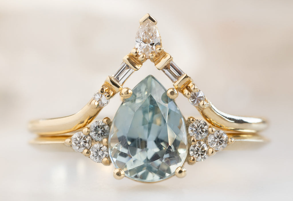 The Ivy Ring with a Pear-Cut Sapphire with White Diamond Tiara Stacking Band