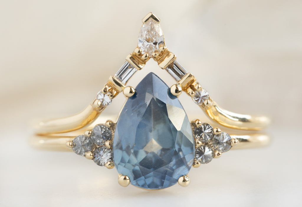 The Ivy Ring with a Pear-Cut Sapphire with White Diamond Tiara Stacking Band