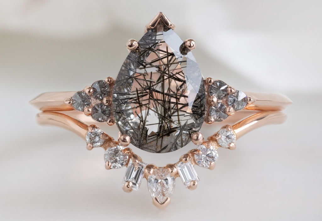 The Ivy Ring with a Pear-Cut Tourmaline in Quartz  with White Diamond Geometric DiamondSunburst Stacking Band