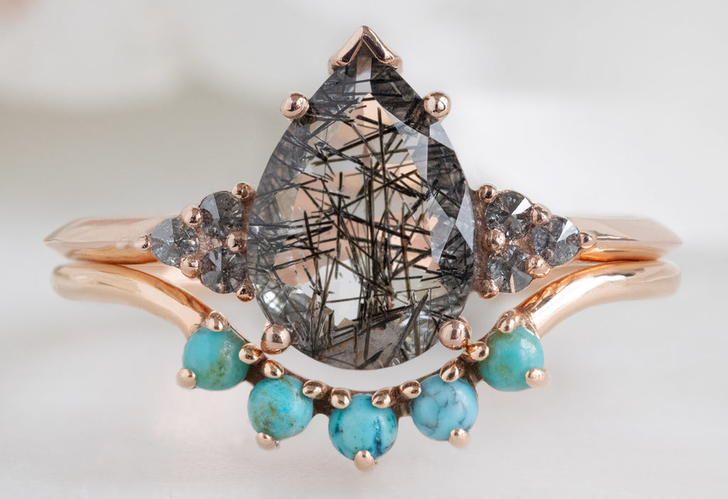 The Ivy Ring with a Pear-Cut Tourmaline in Quartz with Turquoise Sunburst Stacking Band