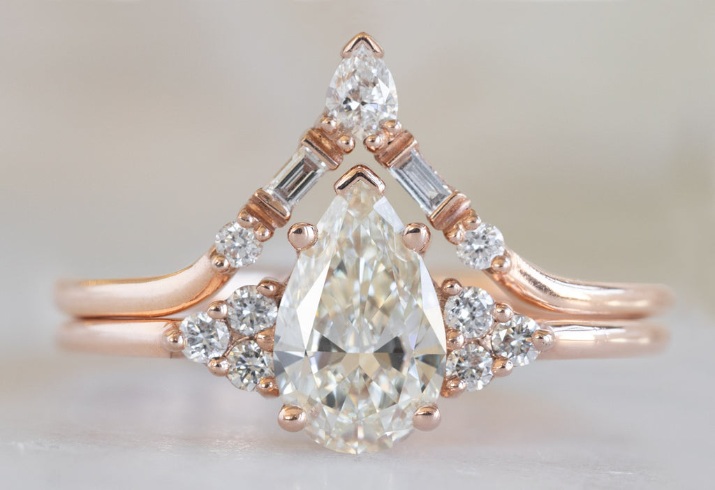 The Ivy Ring with a Pear-Cut White Diamond with White Diamond Tiara Stacking Band