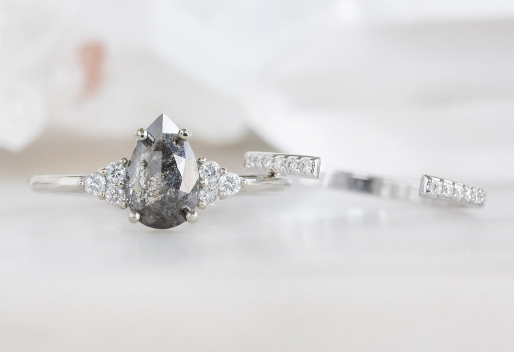 The Ivy Ring with a Rose-Cut Black Diamond with Open Cuff Pavé Diamond Stacking Band