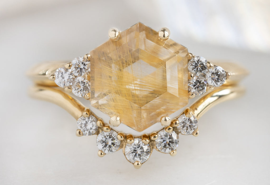 The Ivy Ring with a Rutilated Quartz Hexagon with Round Diamond Sunburst Stacking Band