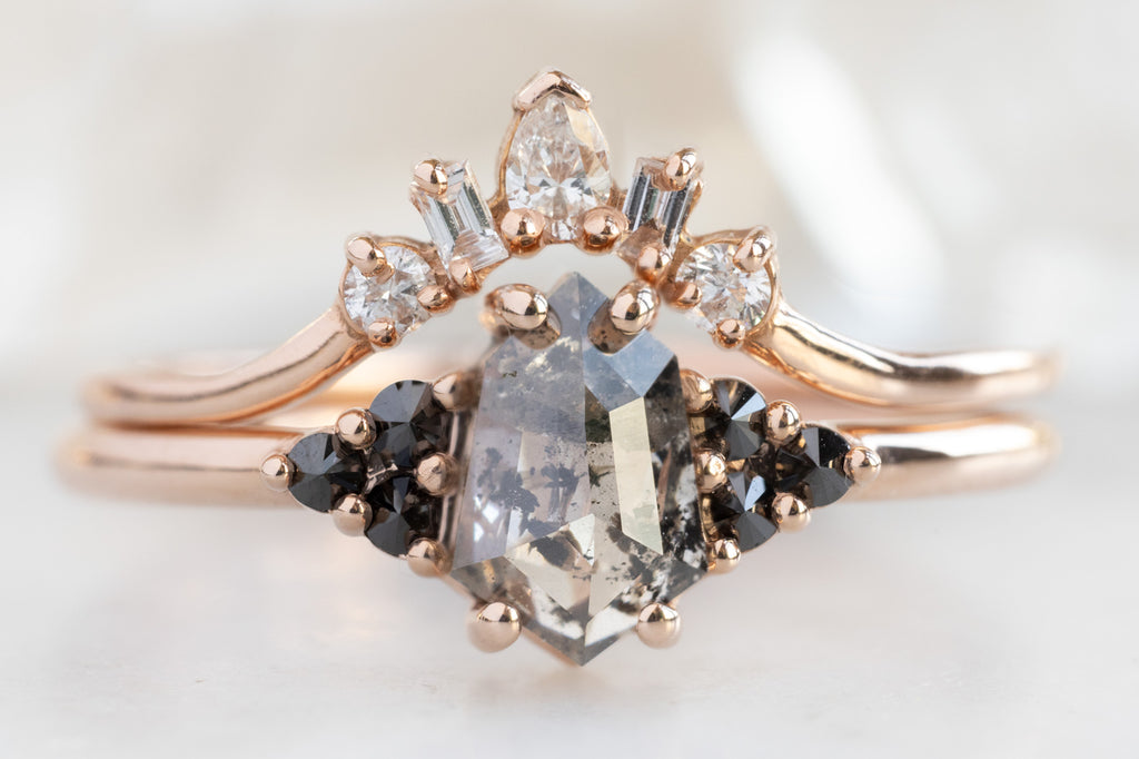 The Ivy Ring with a Salt and Pepper Geometric Diamond with Stacking Band