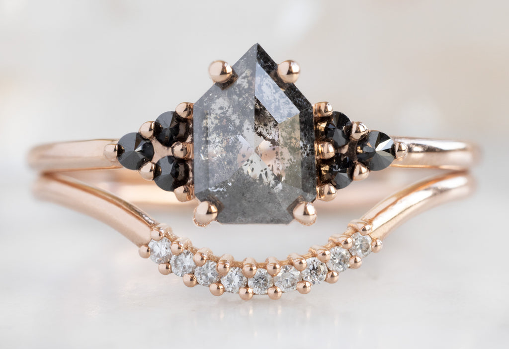 The Ivy Ring with a Salt and Pepper Geometric Diamond with White Diamond Stacking Band