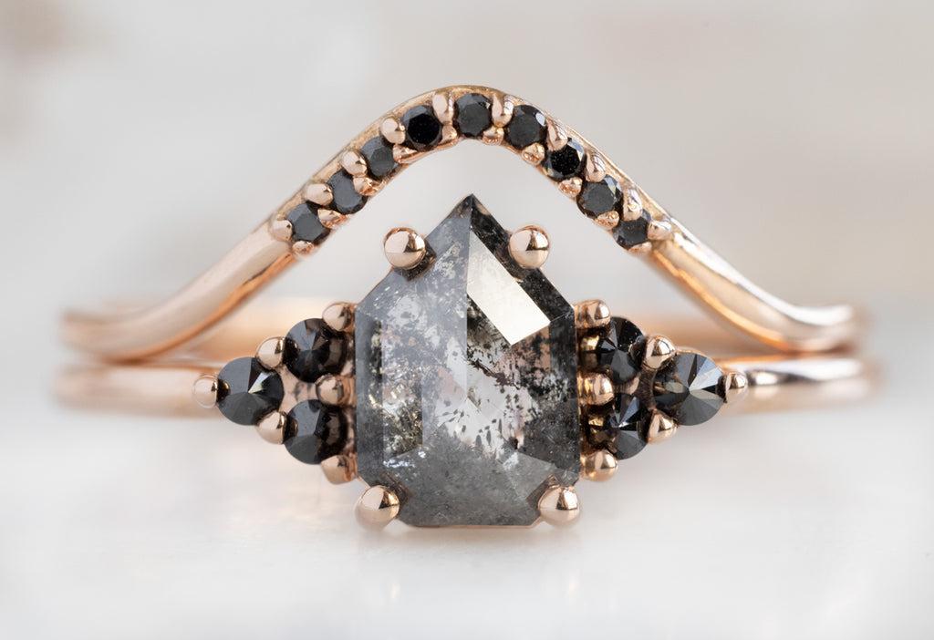 The Ivy Ring with a Salt and Pepper Geometric Diamond with Black Diamond Pavé Stacking Band