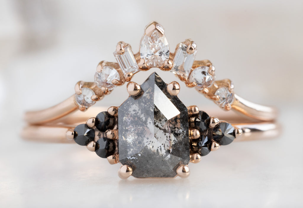 The Ivy Ring with a Salt and Pepper Geometric Diamond with White Diamond Geometric Stacking Band