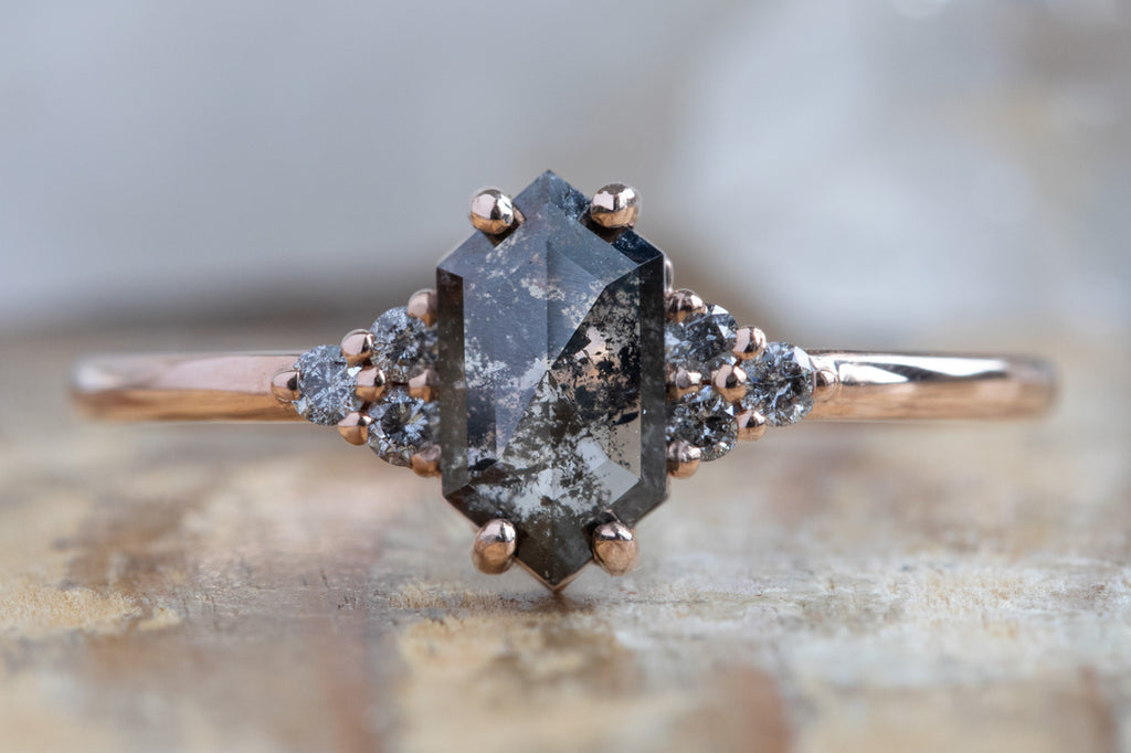 The Ivy Ring with a Salt and Pepper Hexagon Diamond