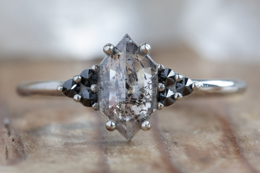 The Ivy Ring with a Salt and Pepper Hexagon Diamond