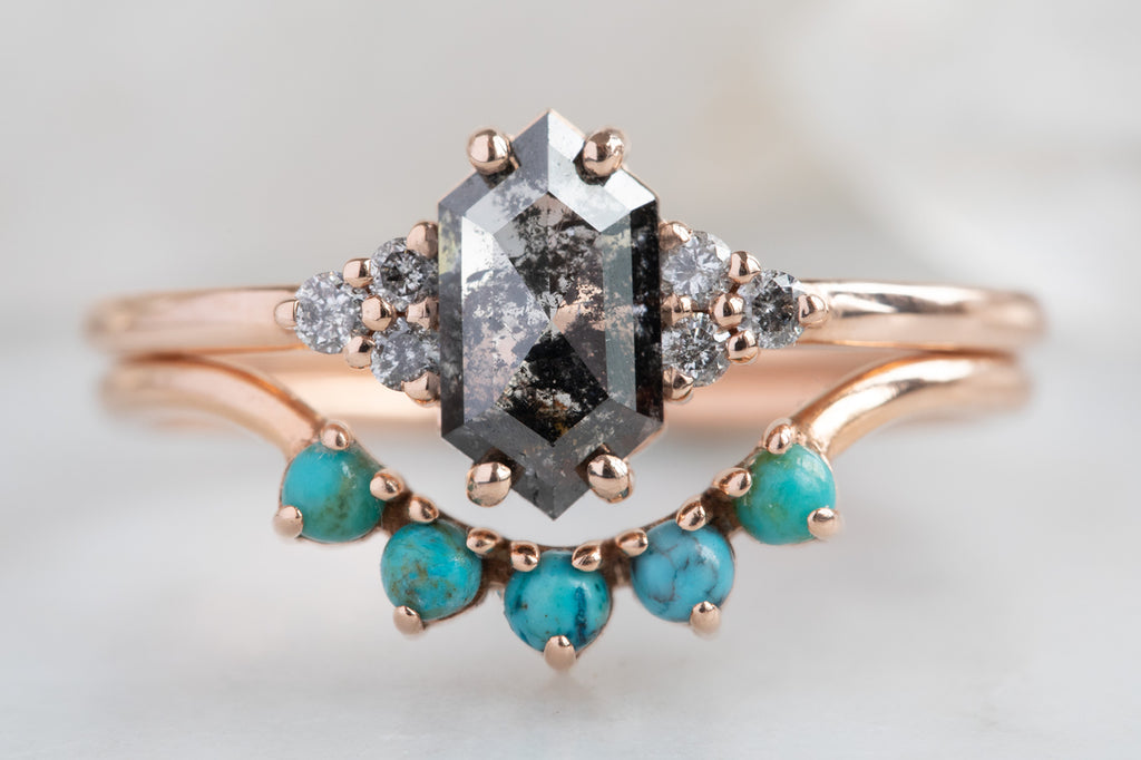 The Ivy Ring with a Salt and Pepper Hexagon Diamond with stacking band