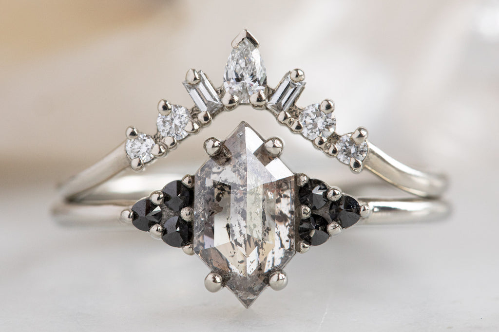 The Ivy Ring with a Salt and Pepper Hexagon Diamond With Stacking Band
