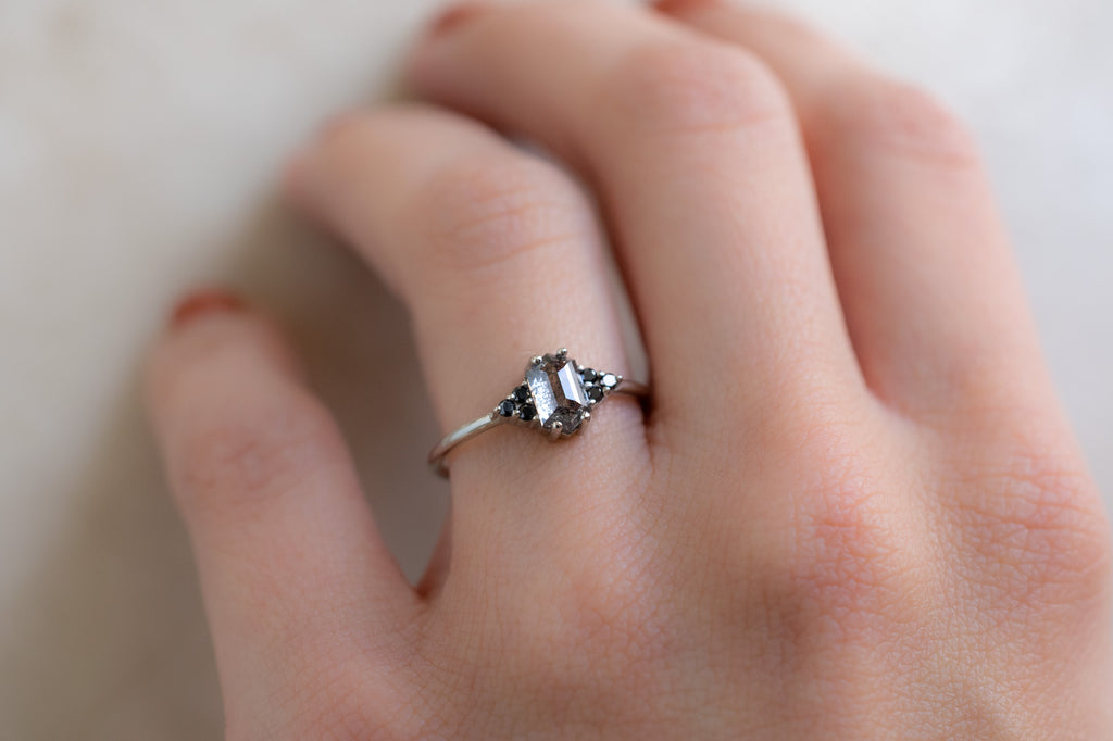 The Ivy Ring with a Salt and Pepper Hexagon Diamond on Model