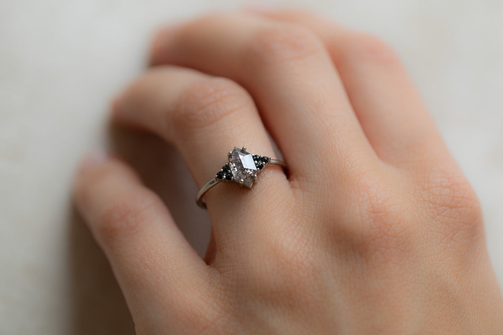 The Ivy Ring with a Salt and Pepper Hexagon Diamond on Model