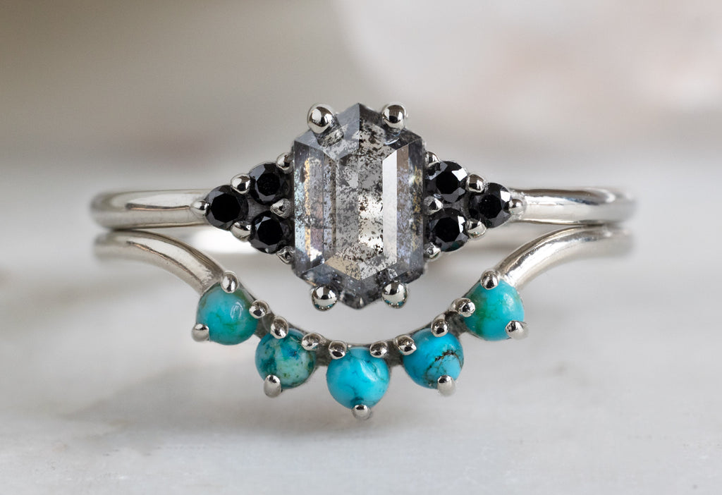 The Ivy Ring with a Salt and Pepper Hexagon Diamond with the Turquoise Sunburst Stacking Band