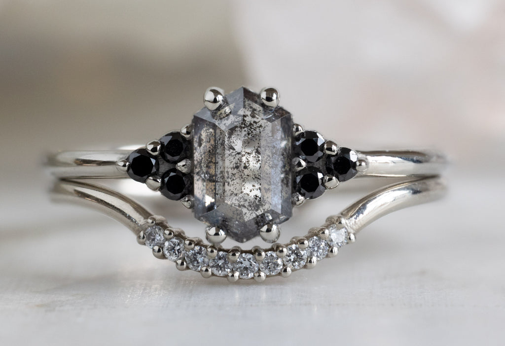 The Ivy Ring with a Salt and Pepper Hexagon Diamond with the Pavé Arc Diamond Sunburst Stacking Band