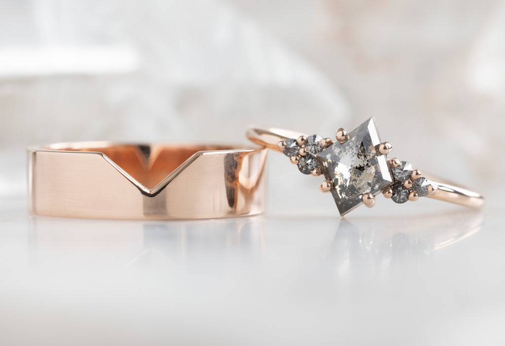 The Ivy Ring with a Salt and Pepper Kite Diamond with Gold Cut-Out Stacking Band