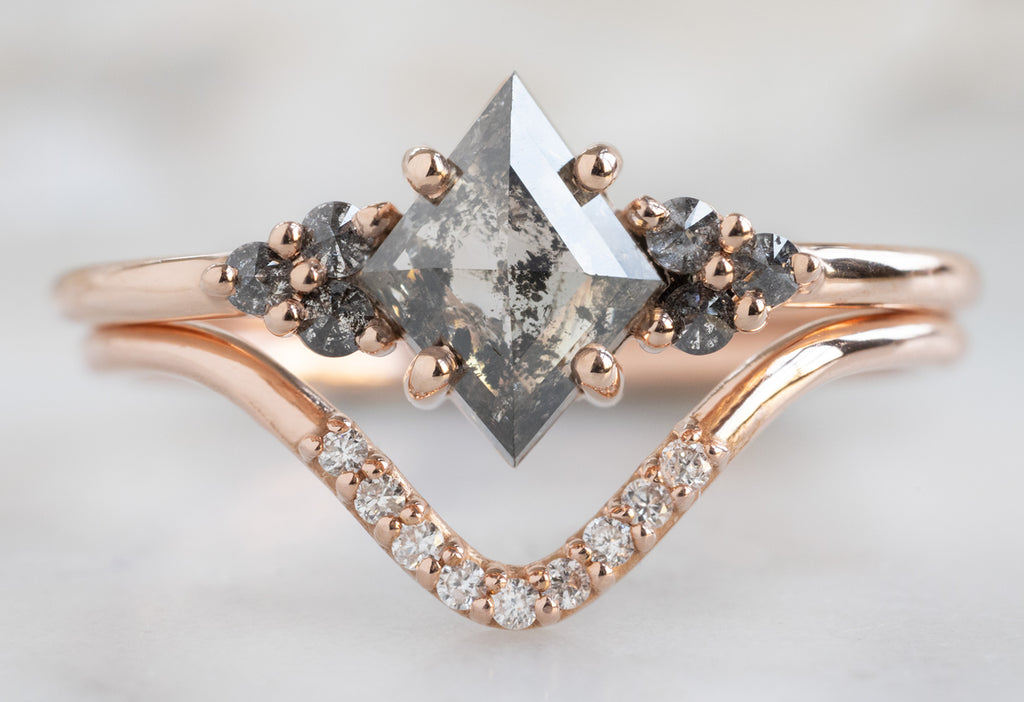 The Ivy Ring with a Salt and Pepper Kite Diamond with Pave Peak Stacking Band