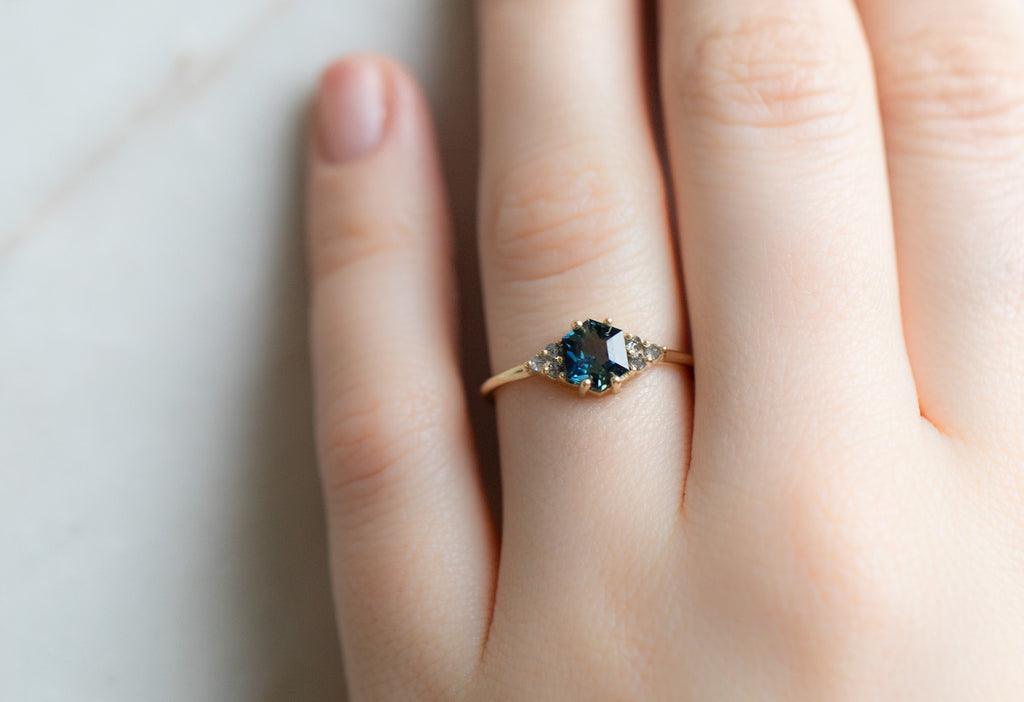 The Ivy Ring with a Sapphire Hexagon on Model