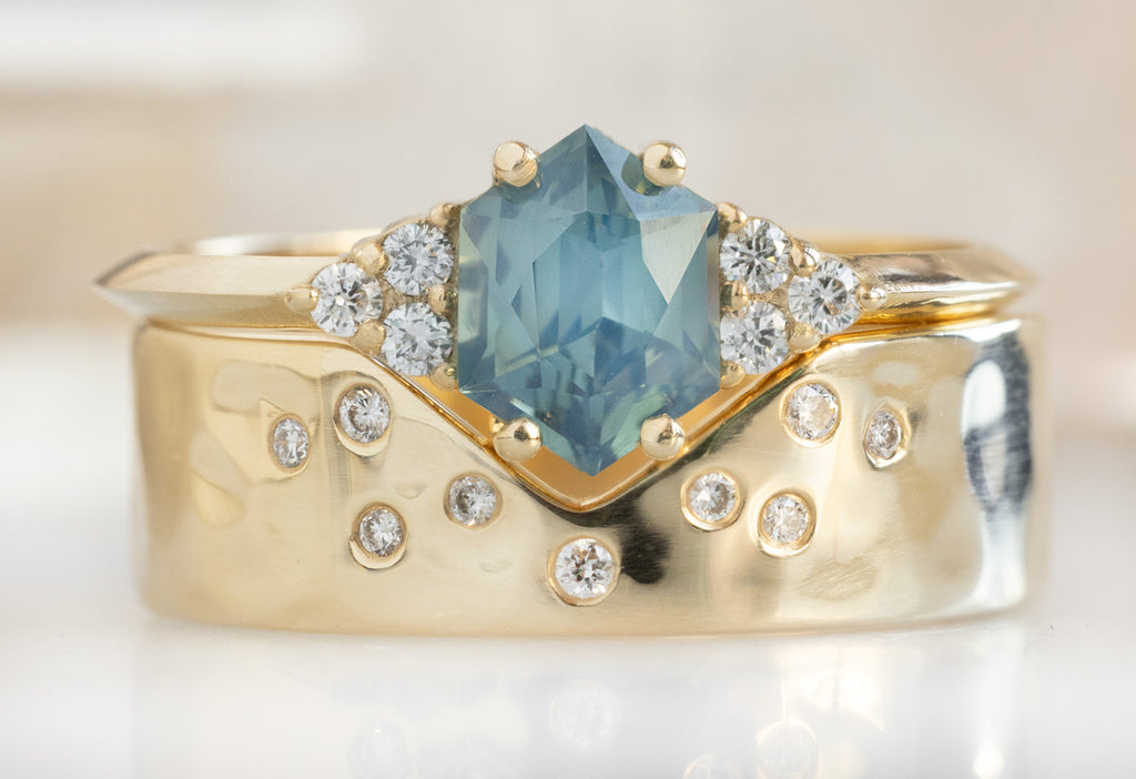 The Ivy Ring with a Sapphire Hexagon with Constellation Cut-Out Stacking Band