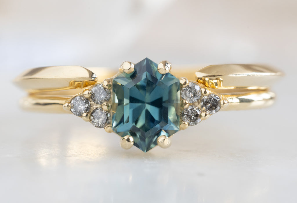 The Ivy Ring with a Sapphire Hexagon with Open Cuff Knife Edge Stacking Band