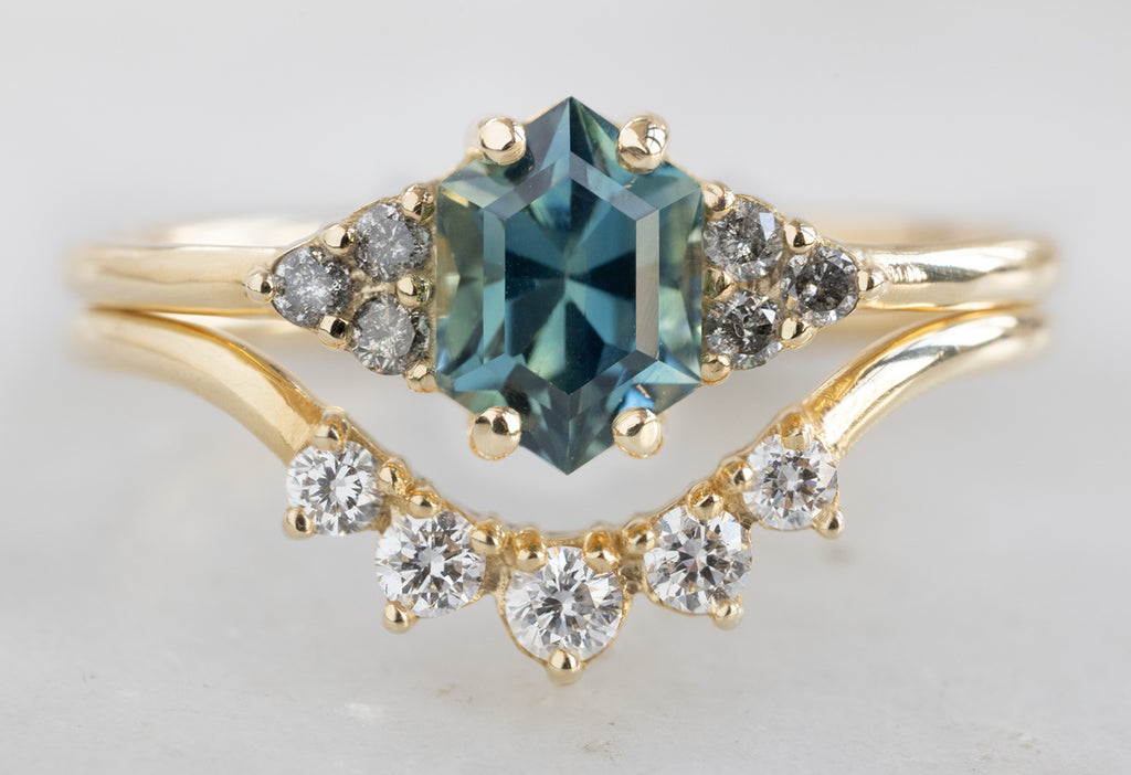 The Ivy Ring with a Sapphire Hexagon with Round White Diamond Sunburst Stacking Band