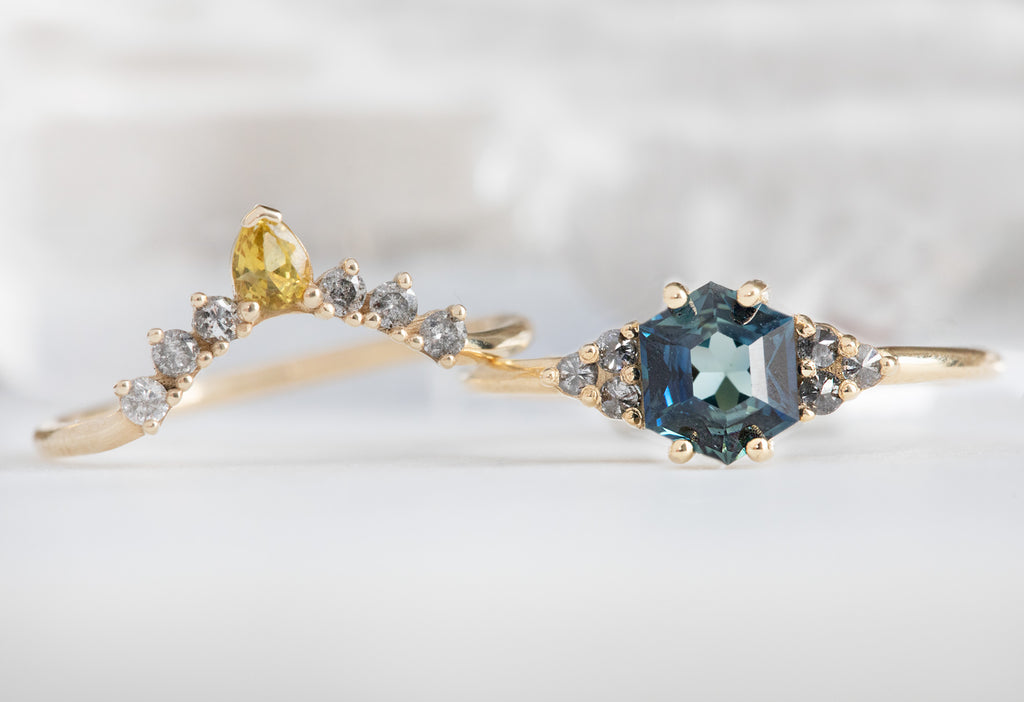 The Ivy Ring with a Sapphire Hexagon with Stacking Band