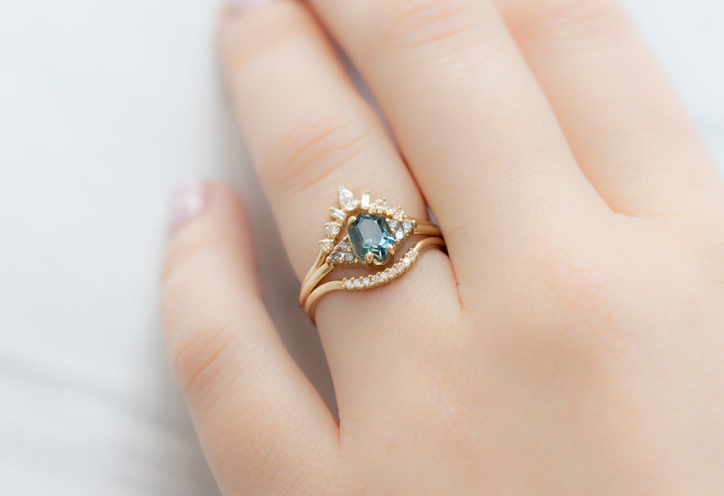 The Ivy Ring with a Sapphire Hexagon with White Diamond Stacking Bands on Model