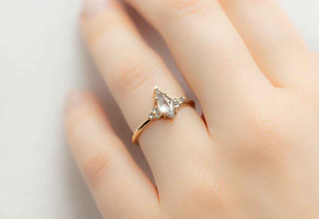 The Ivy Ring with a Silvery-Grey Kite-Shaped Diamond on Model