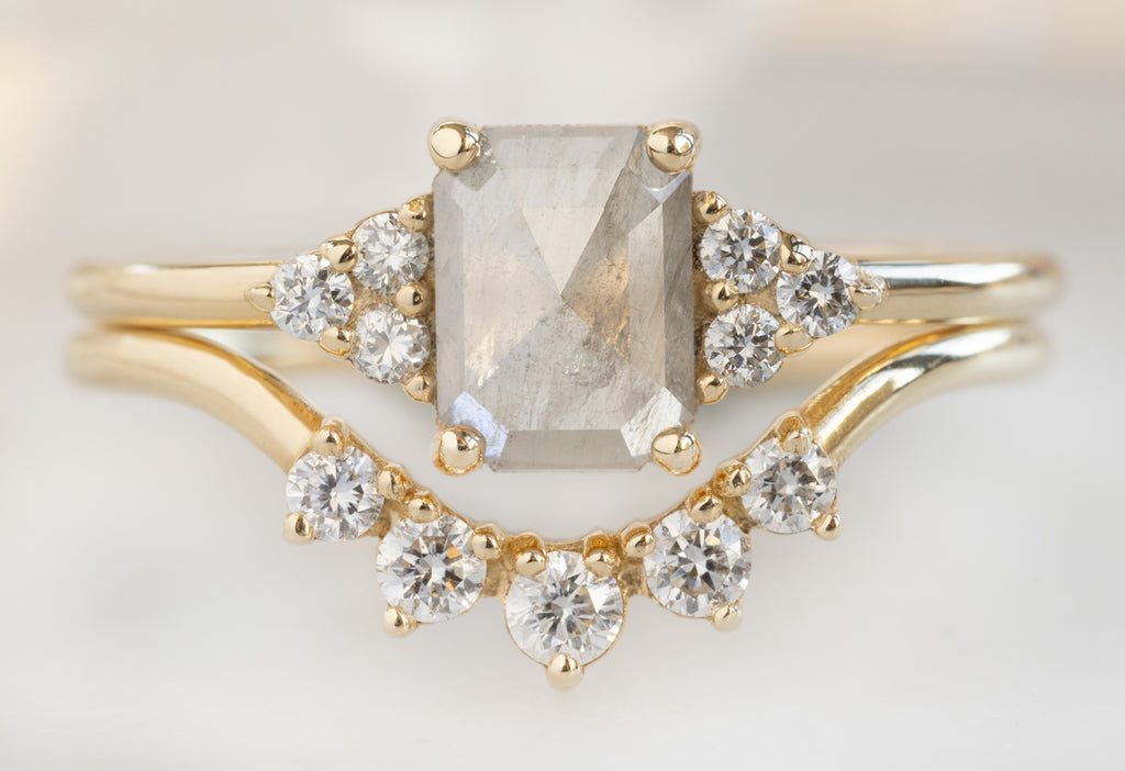 The Ivy Ring with an Emerald-Cut Icy White Diamond with Round White Diamond Sunburst Stacking Band