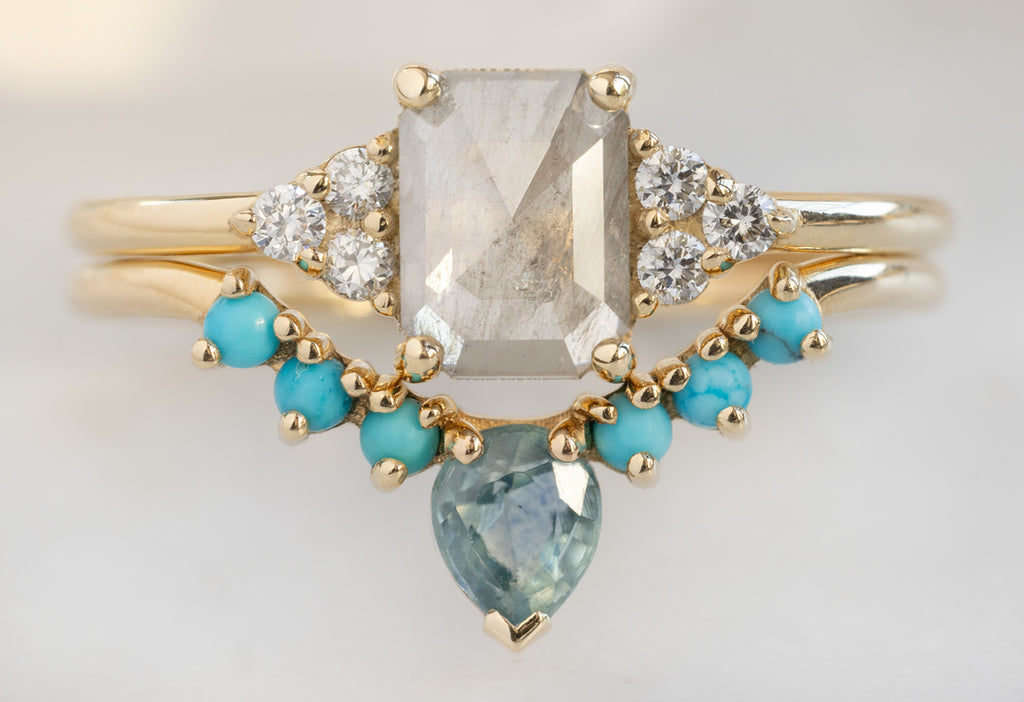 The Ivy Ring with an Emerald-Cut Icy White Diamond with Turquoise and Sapphire Sunburst Stacking Band