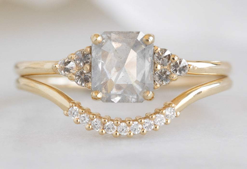 The Ivy Ring with an Emerald-Cut Opalescent Diamond with Pavé Arc Stacking Band