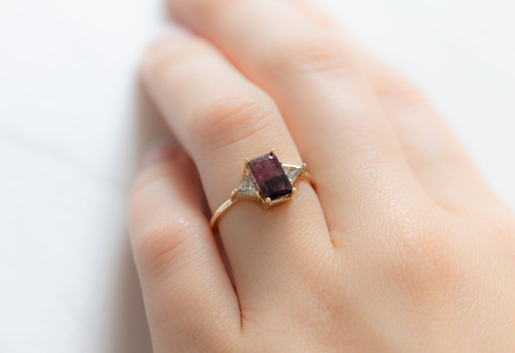 The Ivy Ring with an Emerald-Cut Watermelon Tourmaline on Model