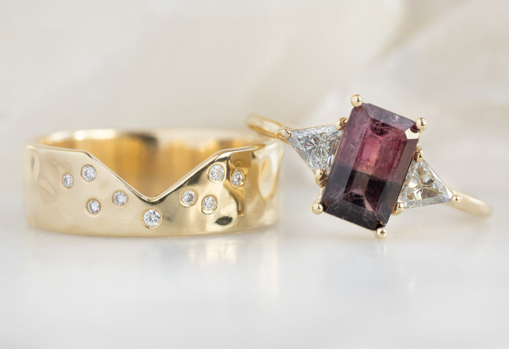 The Ivy Ring with an Emerald-Cut Watermelon Tourmaline with Constellation Cut Out Band