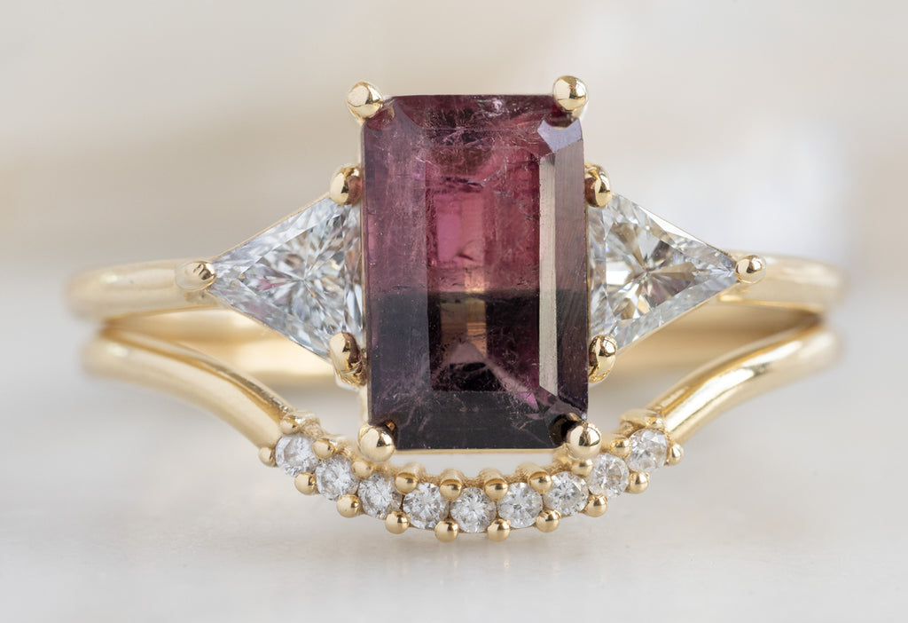 The Ivy Ring with an Emerald-Cut Watermelon Tourmaline with Pave Arc Stackign Band