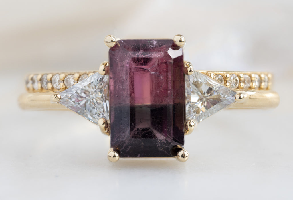 The Ivy Ring with an Emerald-Cut Watermelon Tourmaline with Pave Stacking Band