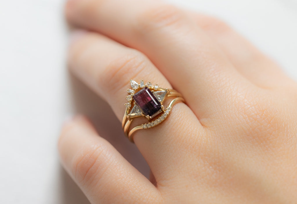 The Ivy Ring with an Emerald-Cut Watermelon Tourmaline with White Diamond Stacking Bands on Model