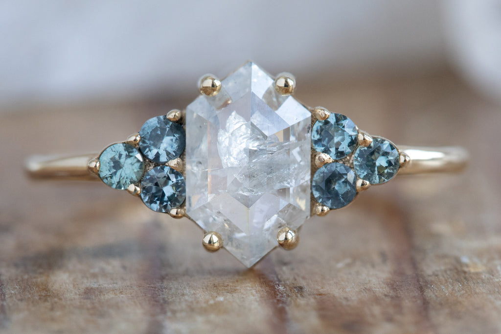 The Ivy Ring with an Icy White Hexagon Diamond + Montana Sapphires