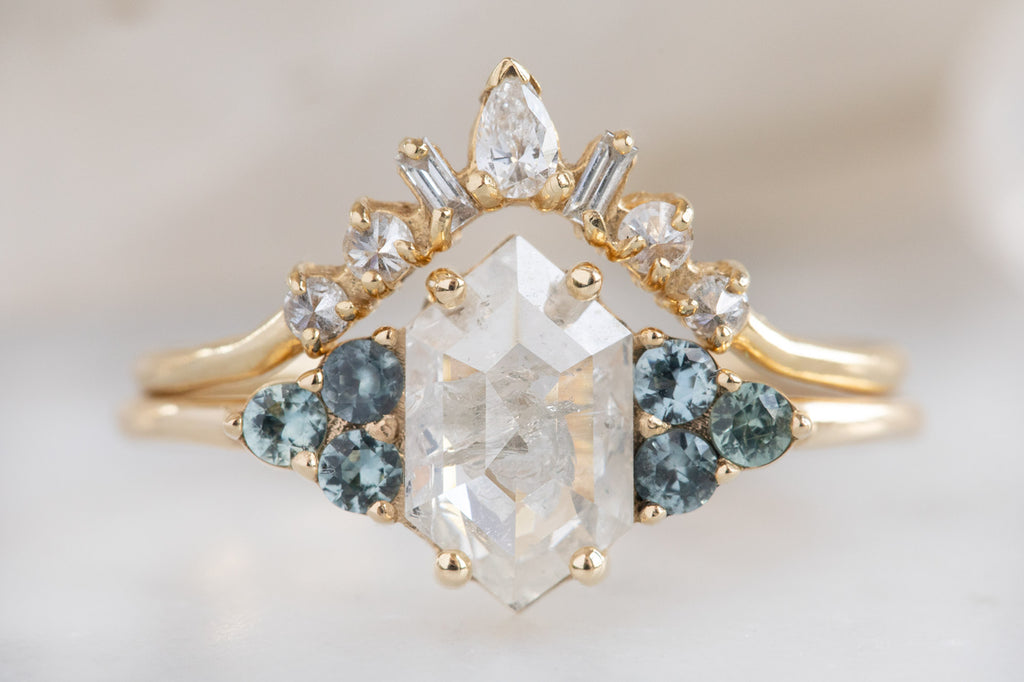 The Ivy Ring with an Icy White Hexagon Diamond + Montana Sapphires With Stacking Band