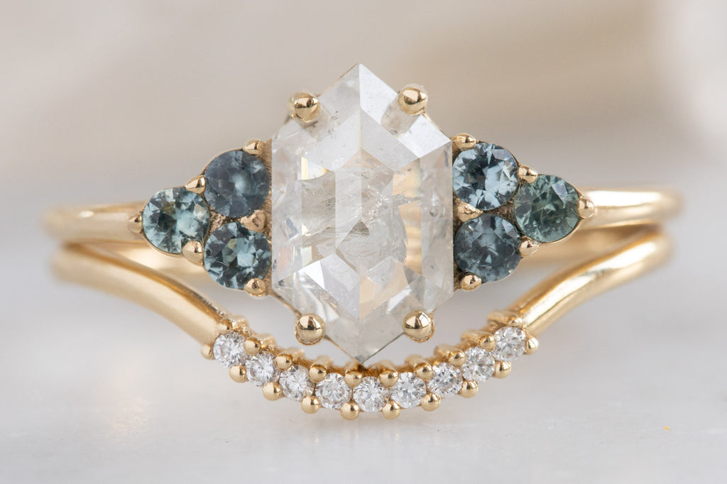 The Ivy Ring with an Icy White Hexagon Diamond + Montana Sapphires With Stacking Band