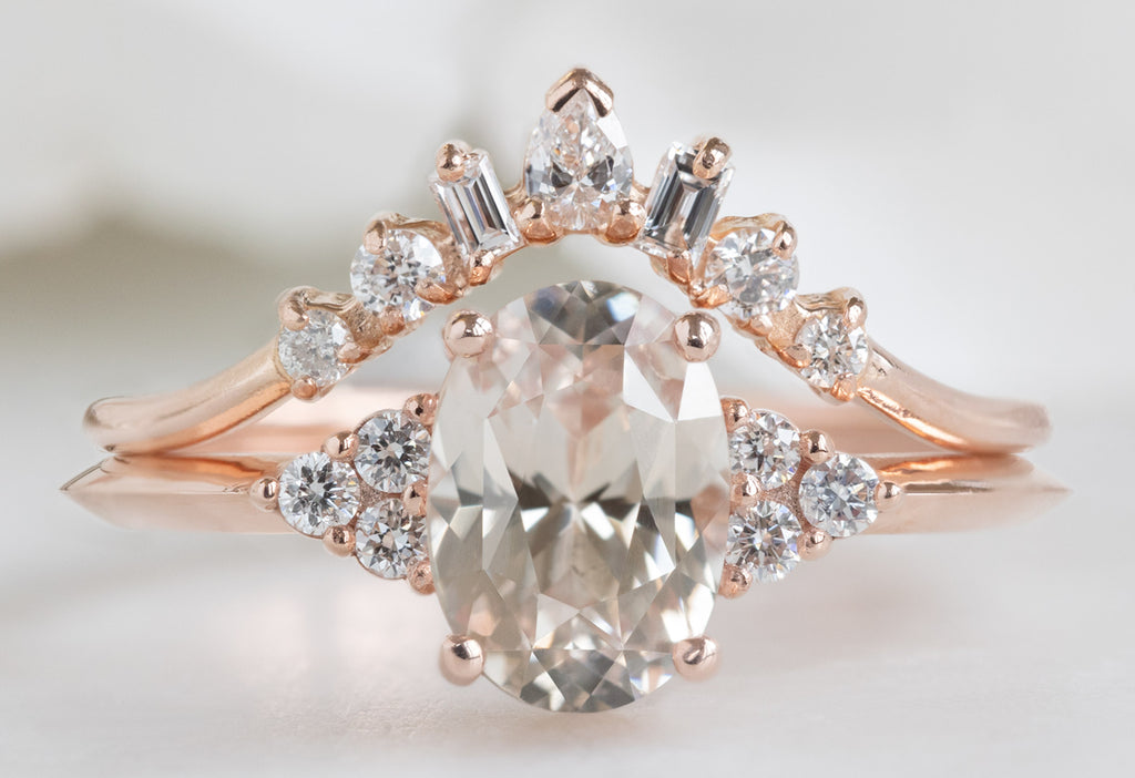 The Ivy Ring with an Oval-Cut Peach Sapphire with White Diamond Geometric Sunburst Stacking Band
