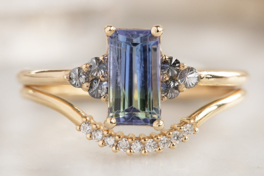 The Ivy Ring with an Emerald Cut Bi-Color Tanzanite with Stacking Band