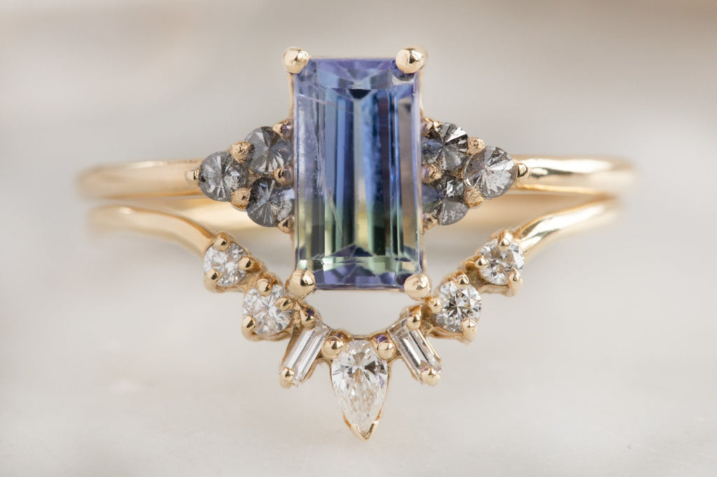 The Ivy Ring with an Emerald Cut Bi-Color Tanzanite with Stacking Band