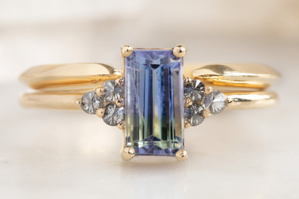 The Ivy Ring with an Emerald Cut Bi-Color Tanzanite with Stacking Band