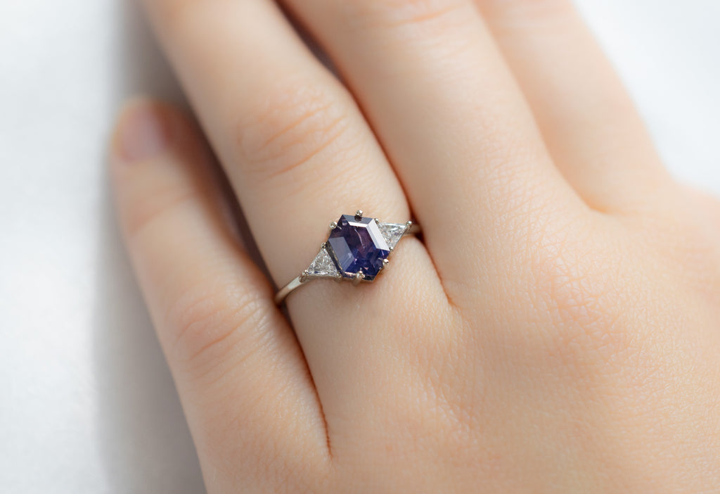 The Jade Ring with a Bicolor Hexagon Sapphire on Model