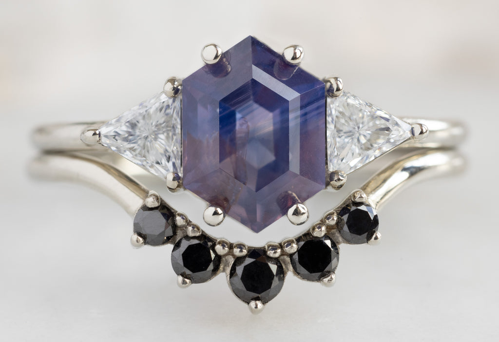 The Jade Ring with a Bicolor Hexagon Sapphire with Black Diamond Sunburst Stacking Band